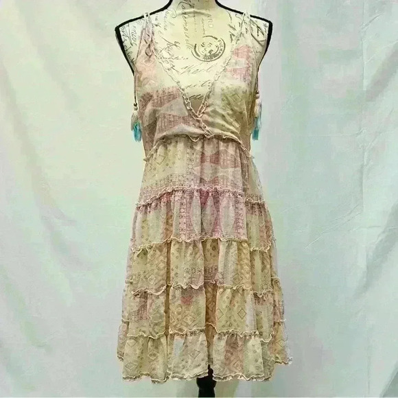 Blue B Collection Women Boho Ruffle Patchwork Floral Mini Dress Size L - Picture 4 of 16